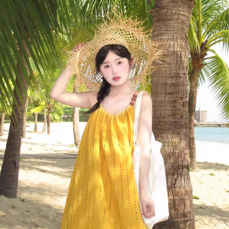 Beachside Yellow Striped Suspender Dress Women's Summer Island Vacation Long Dress Loose Bohemian Dress