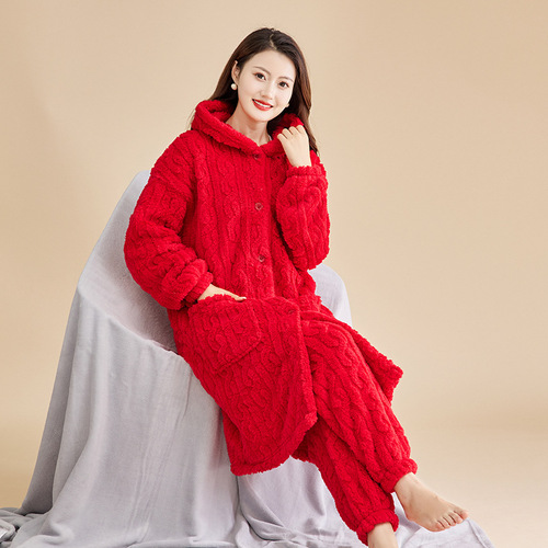 Women's Coral Fleece Pajama Set for Autumn/Winter - Embroidered Robe with Warm and Thick Design, Wearable at Home