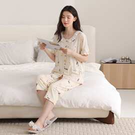 夏季新款纯棉女短袖七分裤开衫睡衣印花休闲女家居服图片色圆领