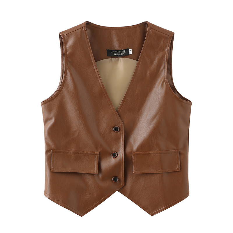 Primavera y otoño Chaleco de cuero sin mangas de las mujeres 2022 nueva moda compleja suelta pu Chaleco Corto marrón primavera desgaste exterior