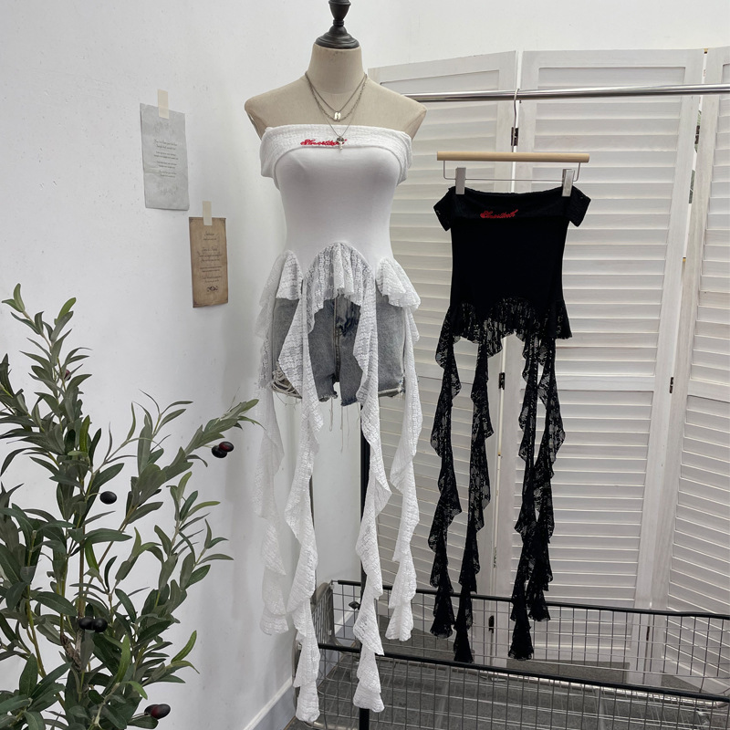Real Shot of 2025 American Sexy Lace Ribbon Embroider One-Shoulder T-Shirt Vest Design Suspender Top 1223
