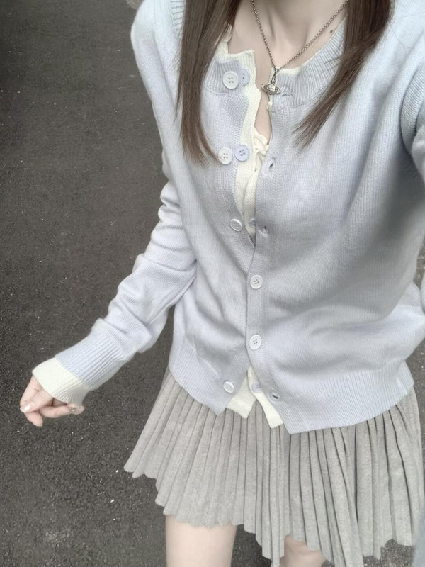 韩系软糯蓝色假两件针织衫女开衫早秋慵懒风短款秋冬毛衣外套上衣|undefined