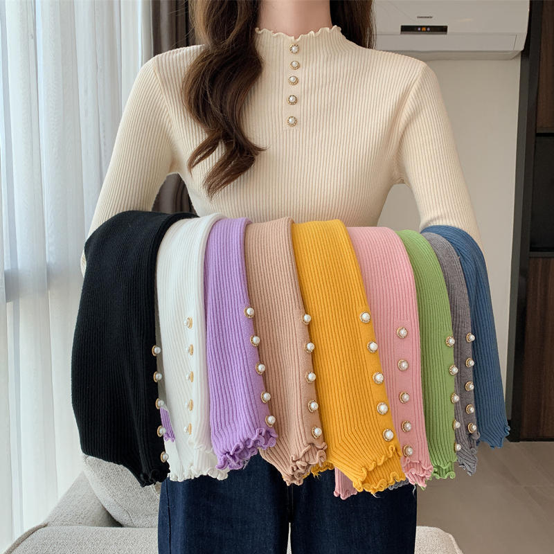 Sweater Women's Bottoming Shirt Spring and Autum Thin Half Turtleneck Long-Sleeved Knitwear Western Style Short Top Autum and Winter
