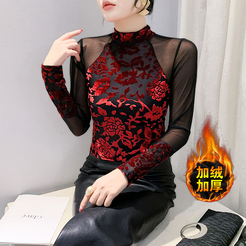 Velvet Thickened Retro Printed High-Neck Bottoming Shirt Slim Long-Sleeved Lace Top Front and Back Two-Wear Picture Color