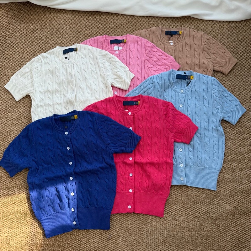 High-Quality/Scannable Qr Code Ralph Lauren 7-Button Knit Short-Sleeve Cardigan with Large Cable Knit, Small Embroidery, 11 Colors, Crew Neck Top