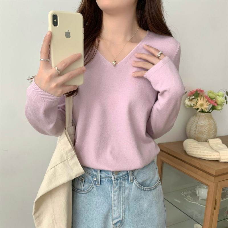 韩版基础款圆领卷边针织衫打底女早秋慵懒风毛衣长袖软糯内搭上衣|undefined
