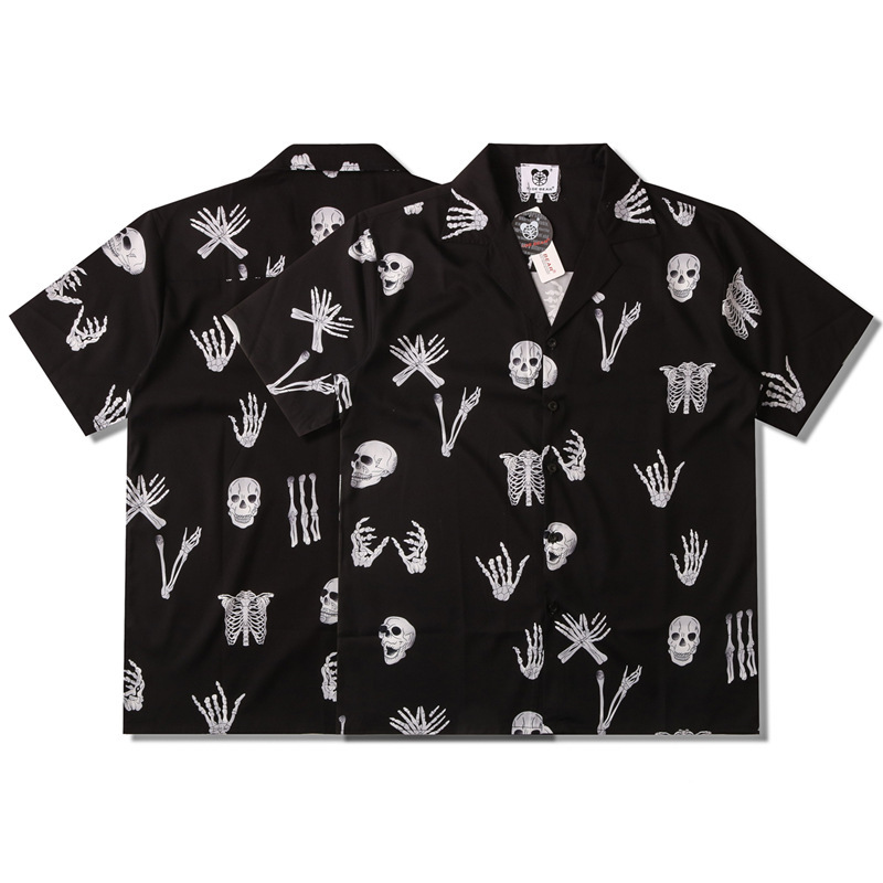 A generation of fashion brand casual men's couple 3D digital skull bone printed lapel short sleeve loose summer shirt