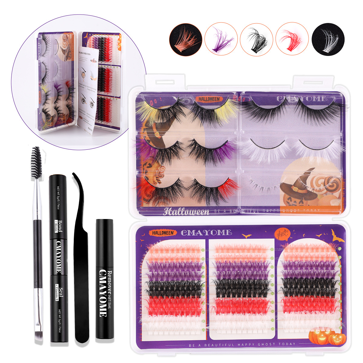 Cross border new Halloween colored false eyelashes set exaggerated curling thick single cluster eyelashes mixed wholesale_voghion.com
