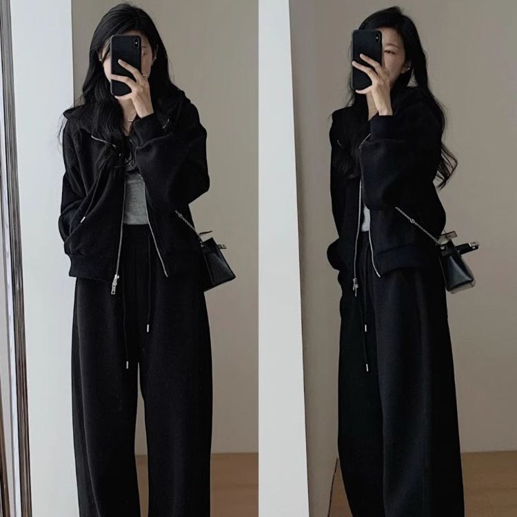 秋冬休闲卫衣运动套装女时尚港风显瘦减龄阔腿裤连帽跑步两件套潮|undefined
