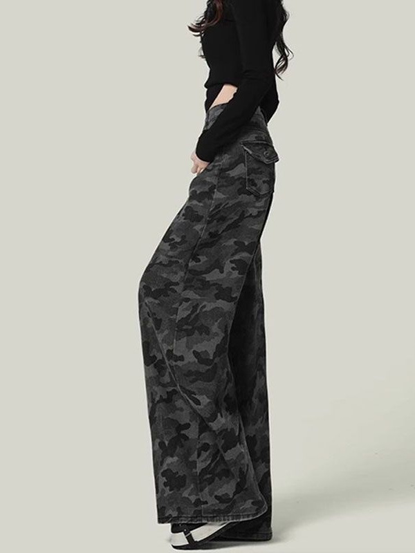 美式复古迷彩阔腿牛仔裤女秋季2025新款宽松直筒高腰大码工装裤子|undefined