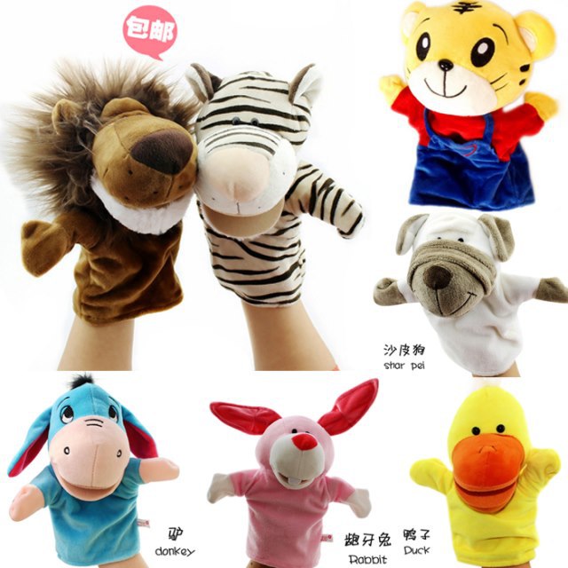 Boca abierta animal de dibujos animados de peluche marioneta de mano de juguete entre padres e hijos boca puede mover una variedad de estilos transfronterizos en stock lote mixto