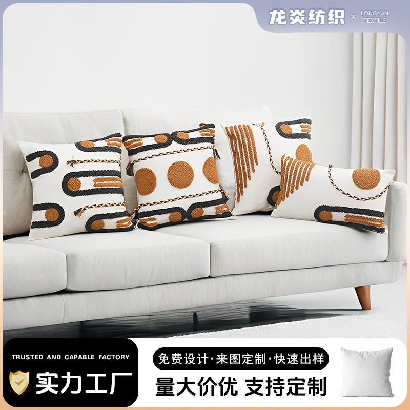 Funda de cojín de terciopelo con borlas naranja y gris, estilo retro simple, geométrico, para sala de estar, soporte lumbar, cojín cuadrado grande para sofá