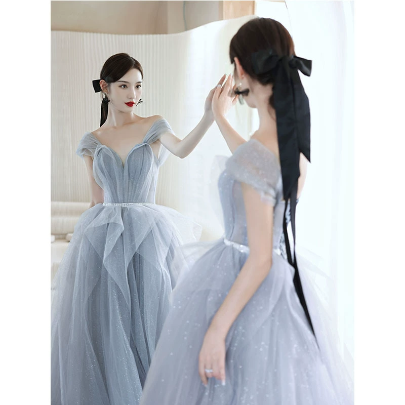 Evening Dress Elite Trend, women's gray off-shoulder ball gown, layered skirt, sizes XS–XXXL