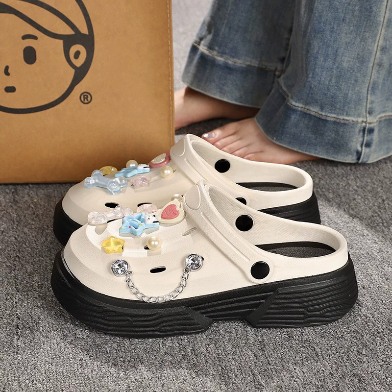 Двухцветная пещерная обувь женская Y2K пятиконечная звезда 2024 новая толстая подошва нескользящая медсестра тапочки Баотоу больница приглушить