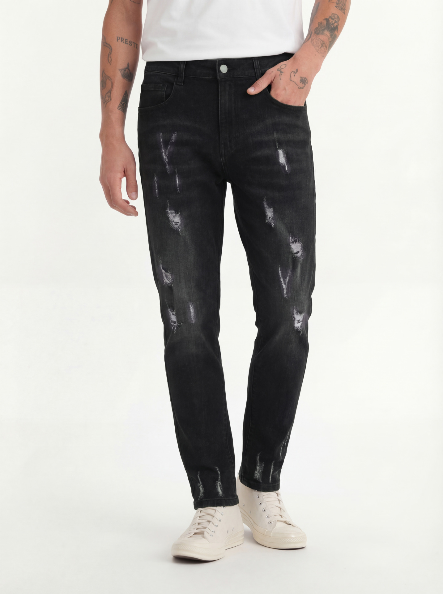 Men's Slim Fit Jeans Fashion Trend Elastic Patch Denim Trousers Mid Waist Black Long Casual Cotton Pants_mkmklike.com