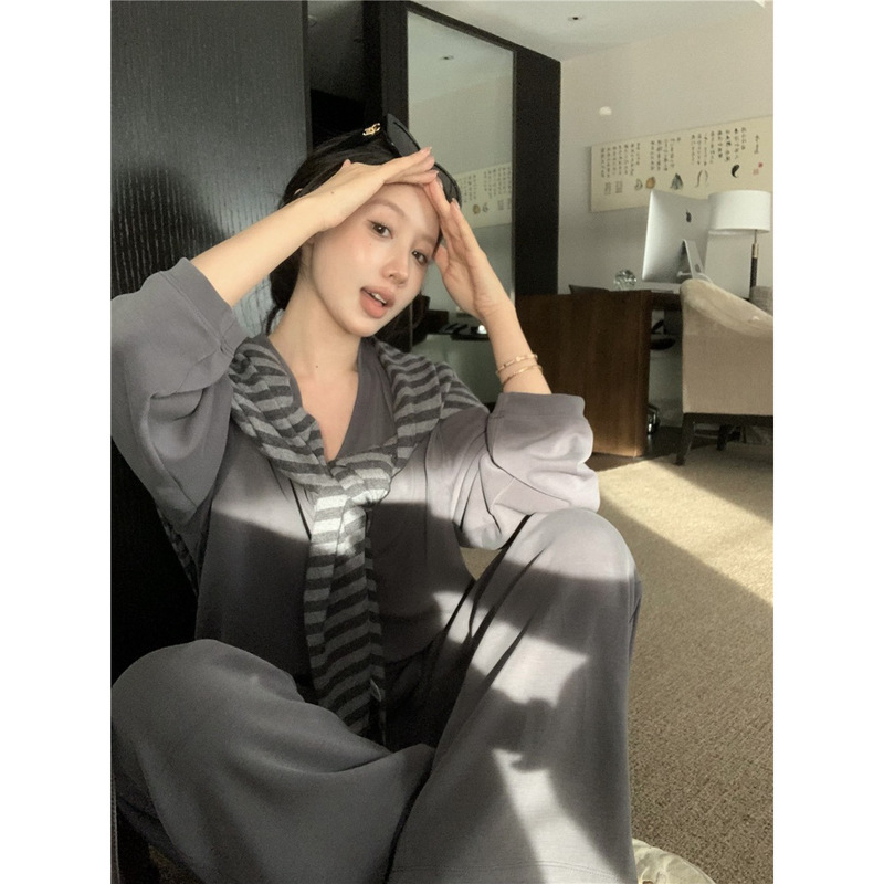 实价现货初秋简约休闲藏蓝色宽松长袖女气质条纹直筒休闲裤小套装|undefined