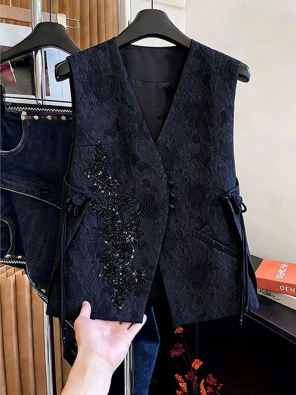 Minimalist New Chinese Style Heavy Embroidery Vest for Women 2026 Spring Black Fashion Trend Elegant V-Neck Cardigan