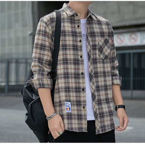 春秋季新款情侣宽松撞色复古衬衫宽松休闲阔版男女同款衬衣格子衫