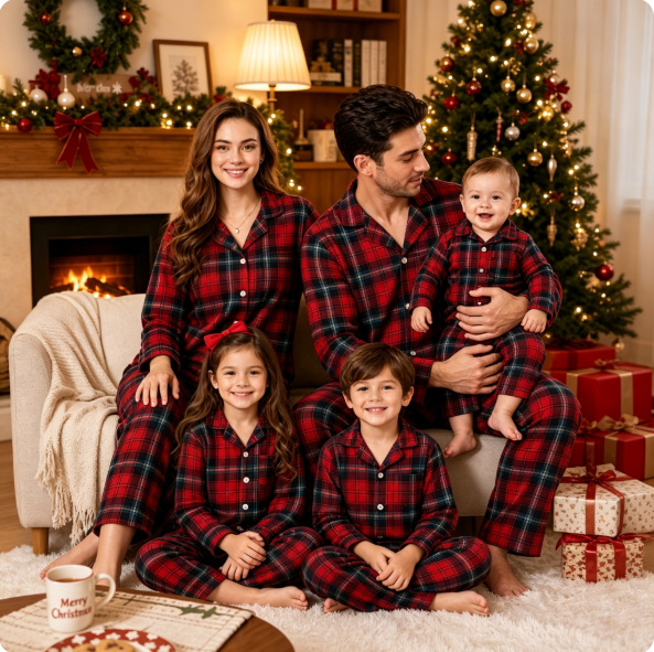 New cross-border European and American Christmas style casual fashion plaid lapel long-sleeve family parent-child pajama set 2631