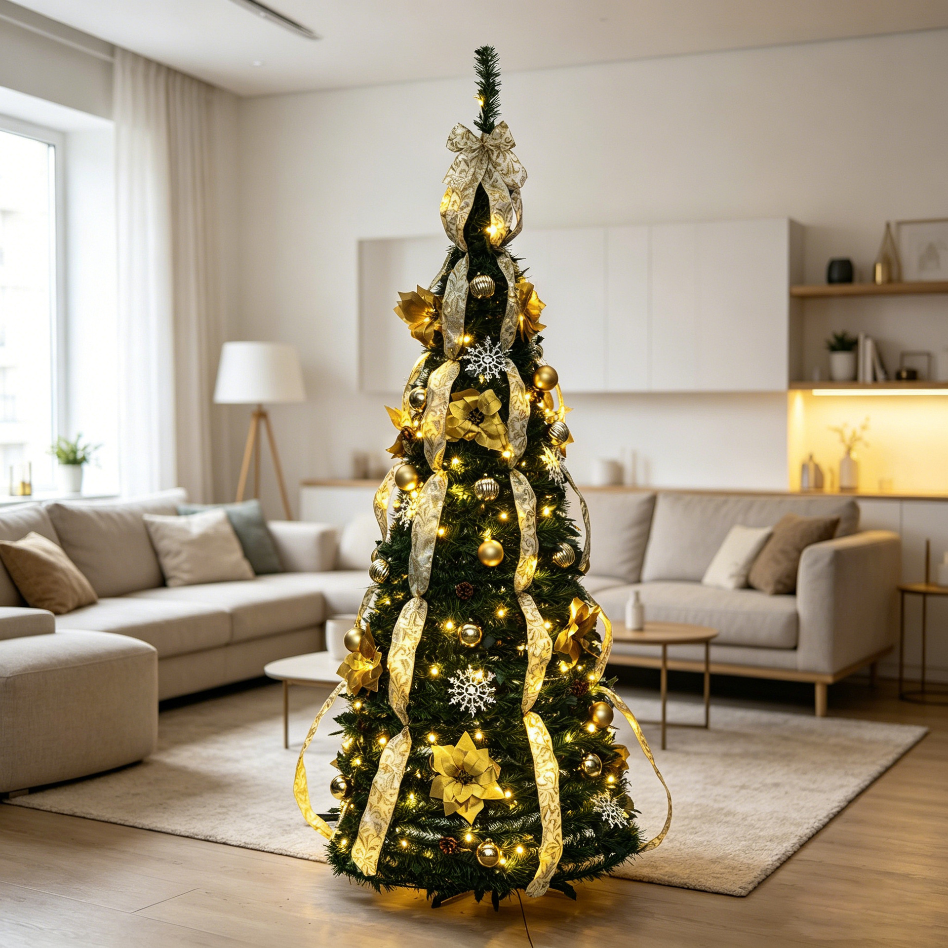 Navidad transfronteriza helicoidal set oro y plata cinta árbol retráctil plegable fácil de ensamblar decoración de árbol de Navidad