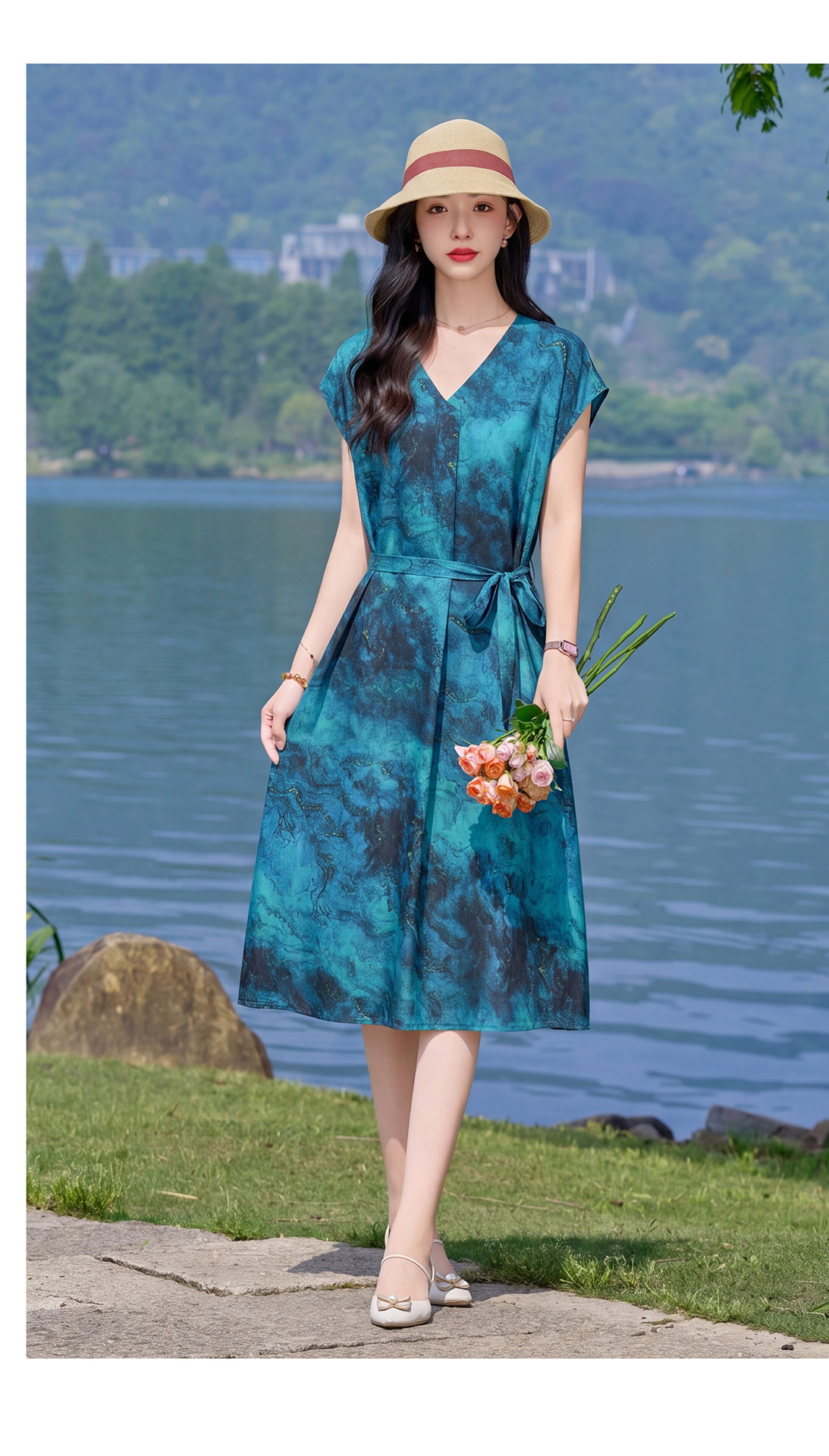 Đầm maxi nữ V cổ thắt eo họa tiết hoa nhí — xanh lam, màu vàng, màu đỏ chi tiết 25