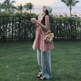 撞色格子系带吊带背心女夏季2025新款韩系宽松休闲减龄百搭上衣潮
