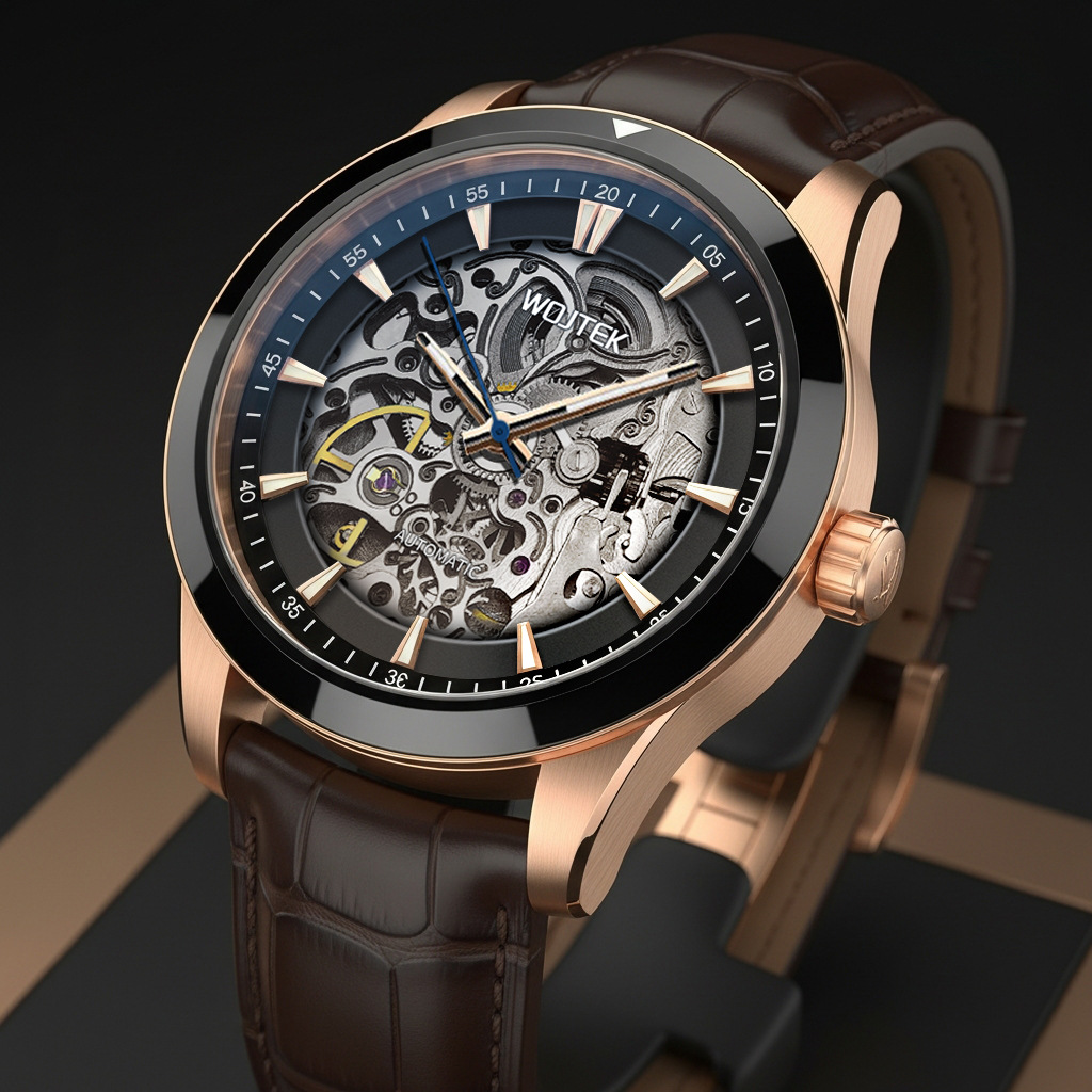 Wojtek High-End Solid Case Ceramic Bezel Skeleton Automatic Mechanical Watch for Men, Luminous, Waterproof, Business Style