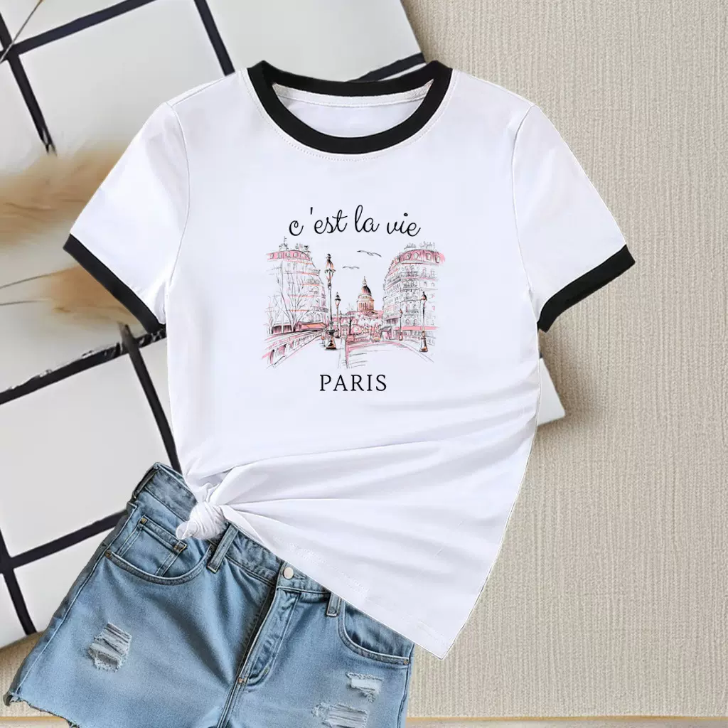 跨境2025欧美新款夏季圆领撞色拼色短袖休闲修身女士t恤百搭上衣