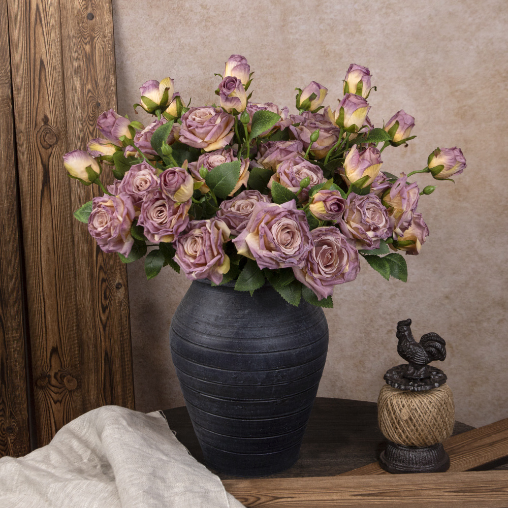 Simulated 3-Head French Rose High-End Roasted Edge Silk Cloth Retro Autumn Color Fake Flower Photography Props Home and Hotel Decoration