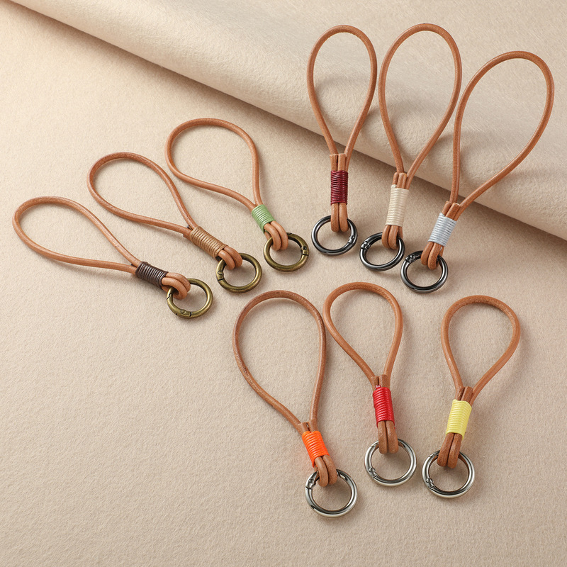 Bronze Metal Round Cowhide Rope Hand-Tied Waxed Thread Short Mobile Phone Rope U Disk Anti-Lost Pendant Key Chain Ring