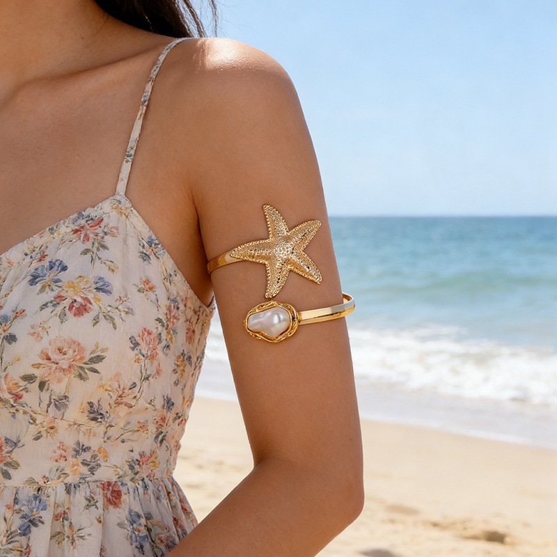 Cross-Border European and American High-End Creative Ocean-Style Arm Bracelet, Fashionable Faux Pearl Arm Bracelet for Women, Adjustable Open Upper Arm Bracelet Cross-Border European and American High-End Creative Ocean-Style Arm Bracelet, Fashionable Faux Pearl Arm Bracelet for Women, Adjustable Open Upper Arm Bracelet
