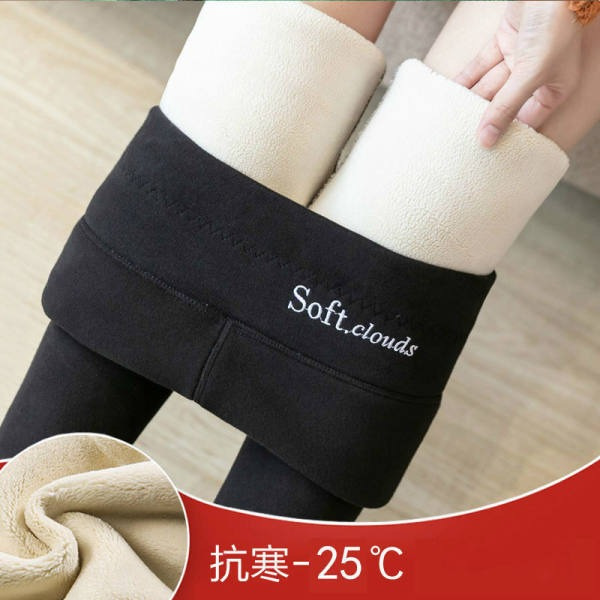 Polainas de Cachemira de las mujeres de otoño e invierno forrada de lana engrosada desgaste exterior de cintura alta pantalones ajustados pantalones grises de invierno cálido pantalones de algodón