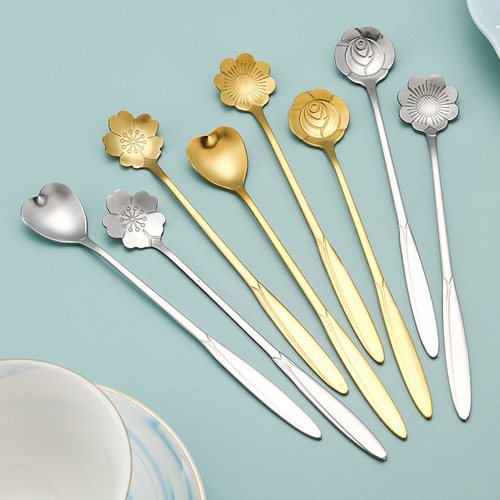 Wedding Long Handle Petal Spoon Stainless Steel Long Ice Spoon Titanium Gold Flower Spoon Stirring Spoon Heart Spoon Printed Logo