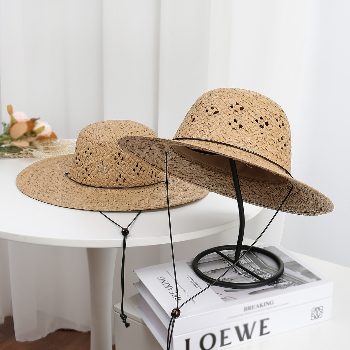 Sombrero de Paja Infantil para Sol de Tejido de Paja, Calado con Cordón para Playa image 5