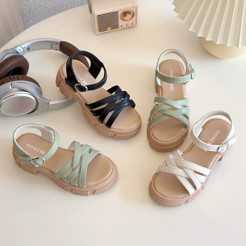 2025 новая корейская версия летней девушки толстая подошва липучка пляжная обувь маленькая девочка на высоком каблуке принцесса сандалии оптом