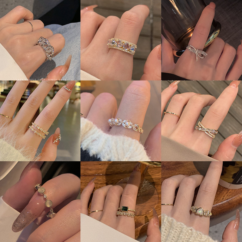 新款双排镶钻开口轻奢可调节戒指女小众设计时尚冷淡风ins潮-主戒