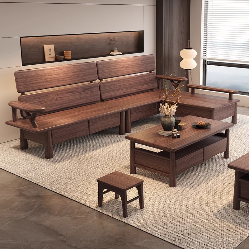 ♔ North American Black Walnut Pure Solid Wood Sofa for Living Room, Dual-Use for Winter and Summer, with Storage, Suitable for Large and Small Households, 2025 New Model