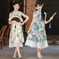 Детская одежда для девочек, летняя юбка Cheongsam, новинка 2025 года, детское тонкое летнее новое платье в китайском стиле, летнее платье в национальном стиле