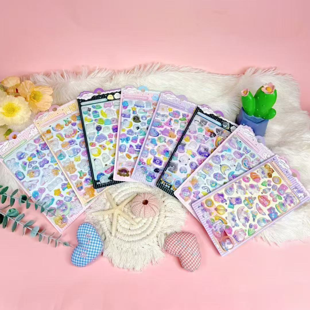 Nueva pegatina en relieve tridimensional luminosa 3D, pegatina, taza de agua de dibujos animados, pegatina decorativa de bricolaje, pegatina de recompensa, jardín de infancia, lote de 2 yuanes