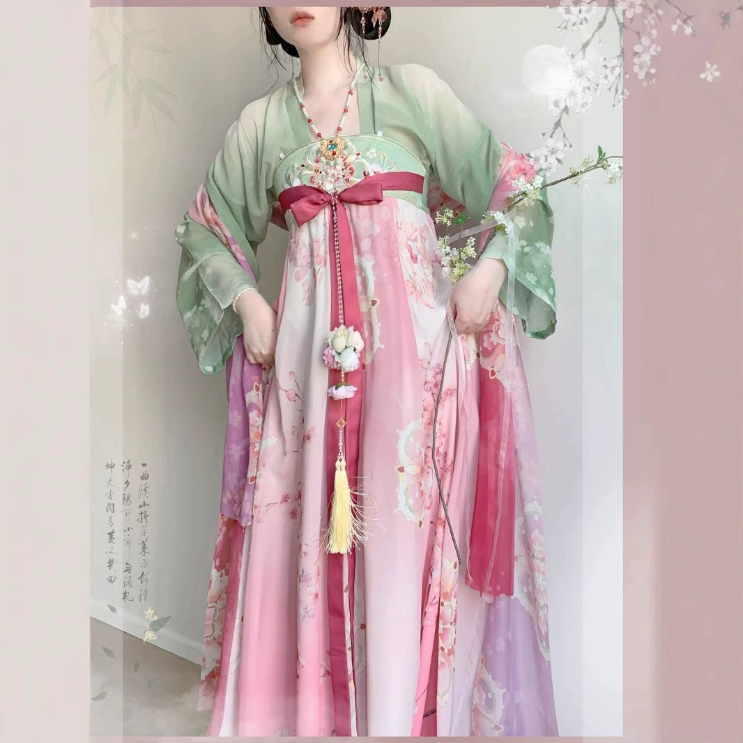Оригинальное сказочное весенне-летнее короткое розовое тонкое платье Hanfu в стиле Тан до груди, персиково-красное, зеленое, 2025 г.