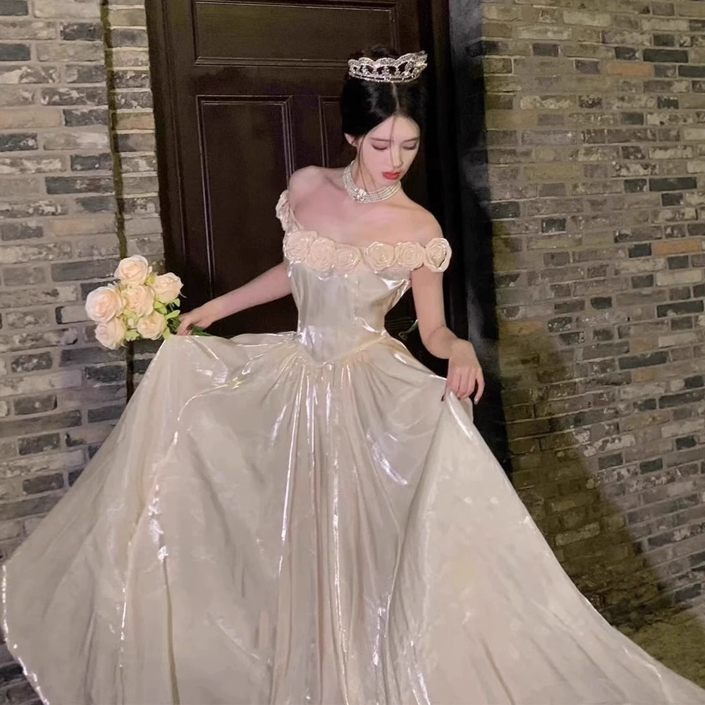 Вечернее платье с открытыми плечами для женщин с элитным ощущением, платье принцессы для выпускного дня, ведущий церемонии для взрослых, элитная легкая роскошная ниша.