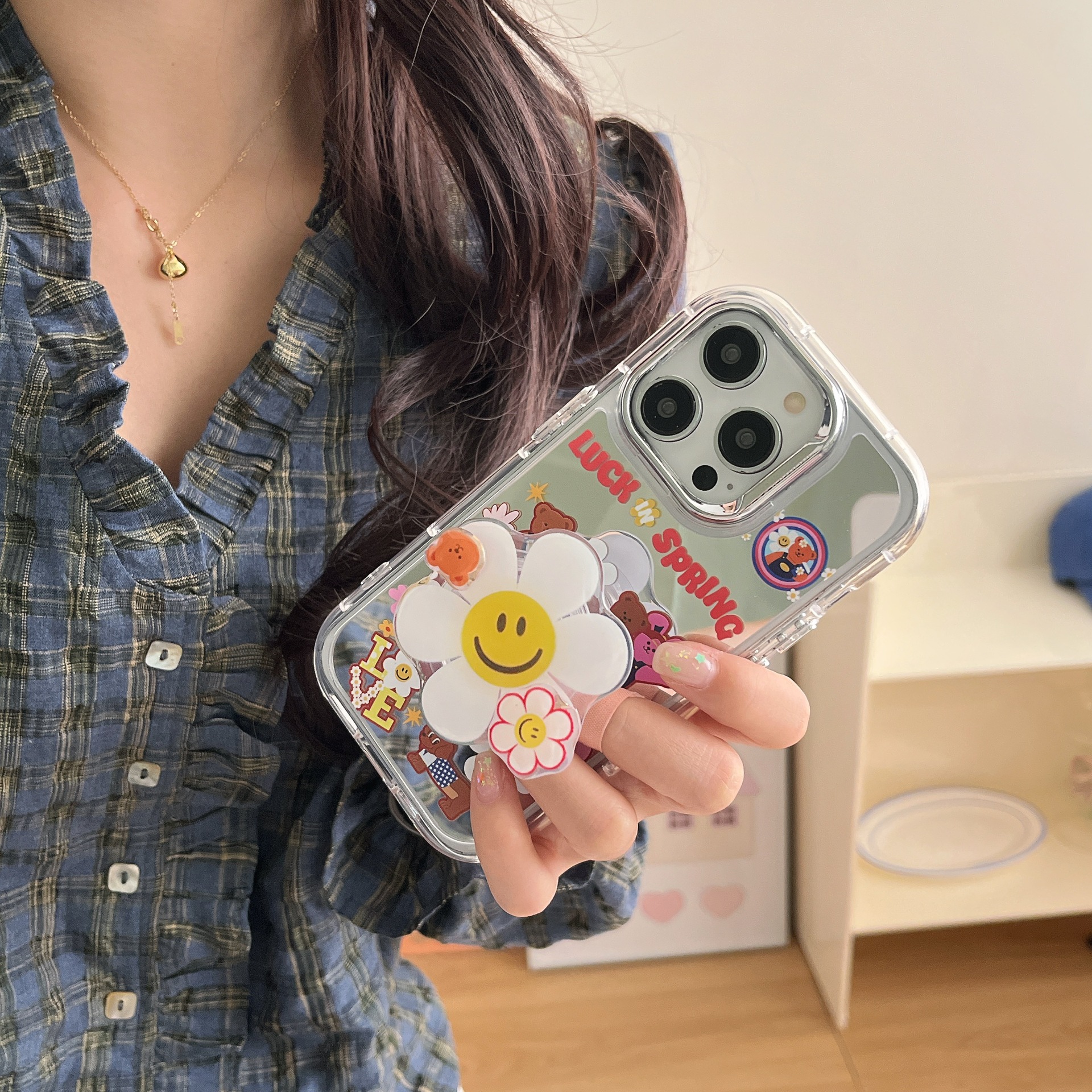 Espejo de dibujos animados lindo girasol para Apple 16ProMax funda para teléfono 15Pro soporte 14/13 femenino 14PM