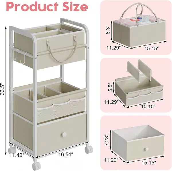 Baby Diaper Storage Rack and Three-Tier Cart with Drawers, Mobile Utility Cart, Baby Changing Table, Clothes Storage Bag