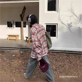 美式复古格子衬衫男春季情侣宽松百搭慵懒风长袖格纹衬衣外套潮流