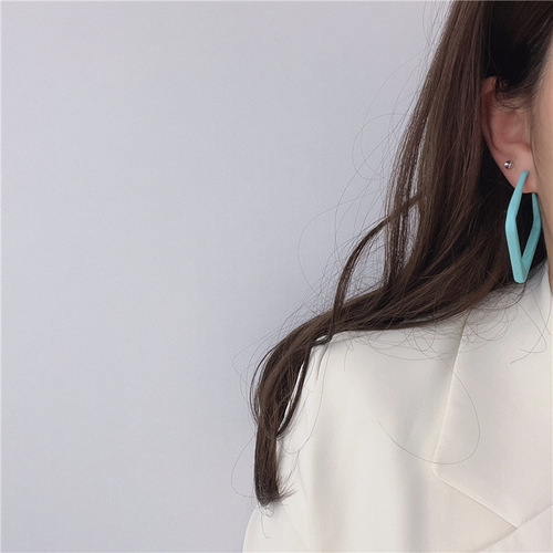 Summer Hong Kong style large square frame earrings 925 silver needle C-shaped colorful hoop earrings acrylic non-pierced ear clip earrings
