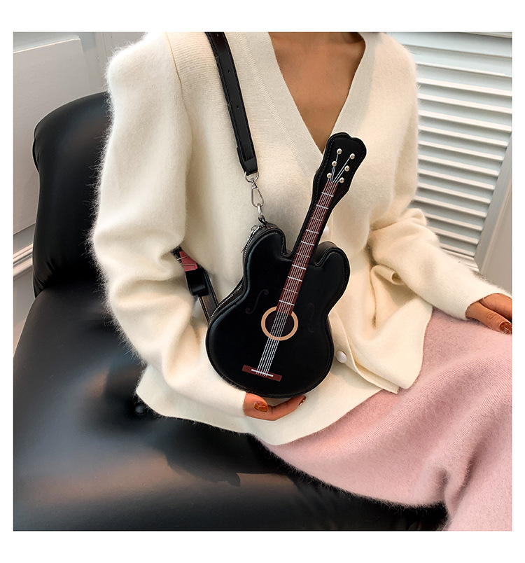 396g Weight Polyester Lining Material Zipper Closure Type Single Shoulder Strap Strap Type Shoulder Bag Bags Type Street, Shopping Occasion Pu Leather Material Guitar Pattern All Seasons Season Women's Gender Streetwear Style Oval Shape Small Size Women's Small Pu Leather Guitar Streetwear Oval Zipper Shoulder Bag 10