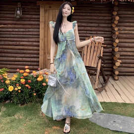 海边度假风印花小飞袖吊带连衣裙女2025夏季新款收腰仙女长裙子