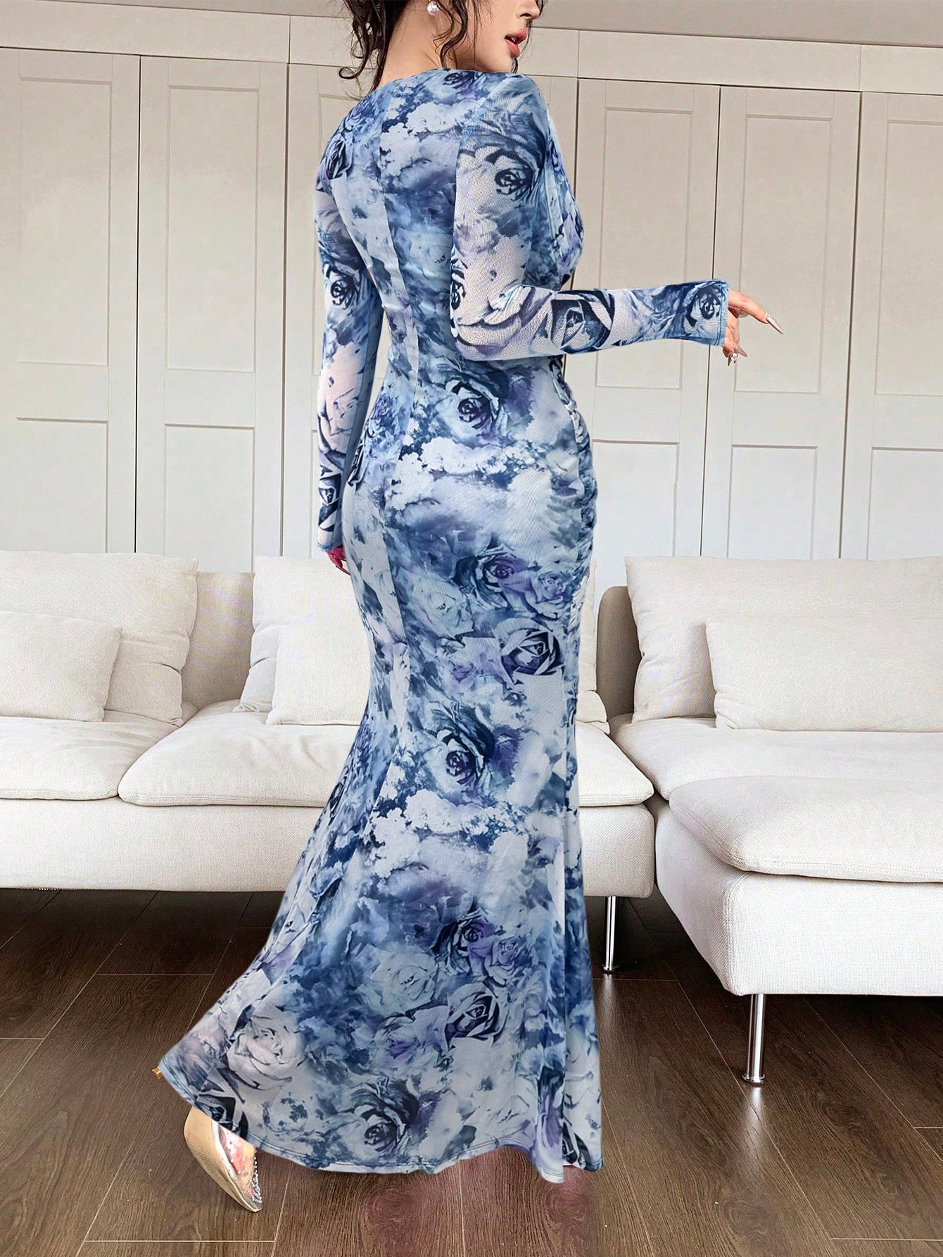 Summer Women's U Neck Long Sleeve Patchwork Slim Fit Printed Maxi Dress_ecoleips.com
