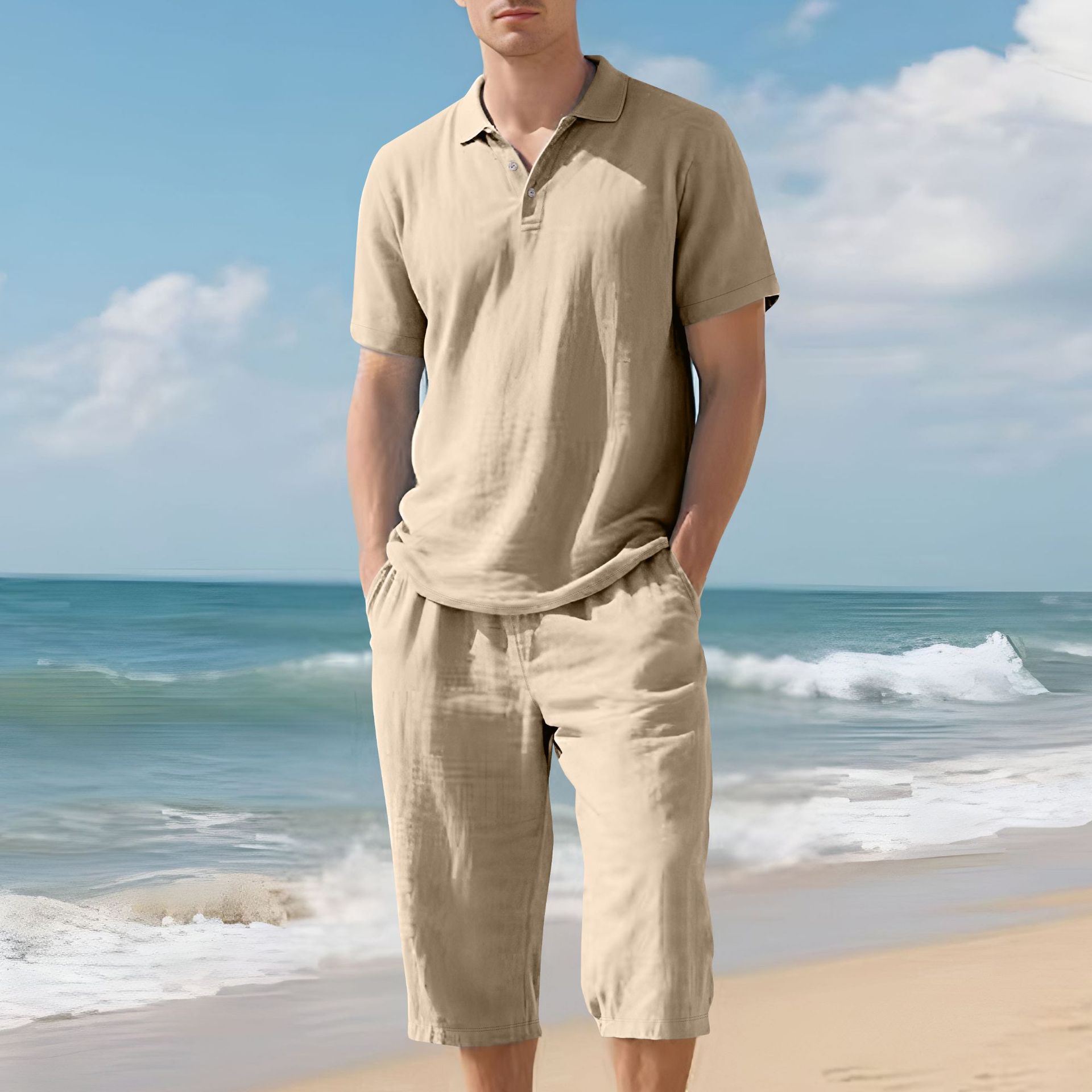 Transfronterizo Amazon Europa y América verano hombres sueltos casual lino transpirable camisa POLO traje de pantalón corto con mangas de playa