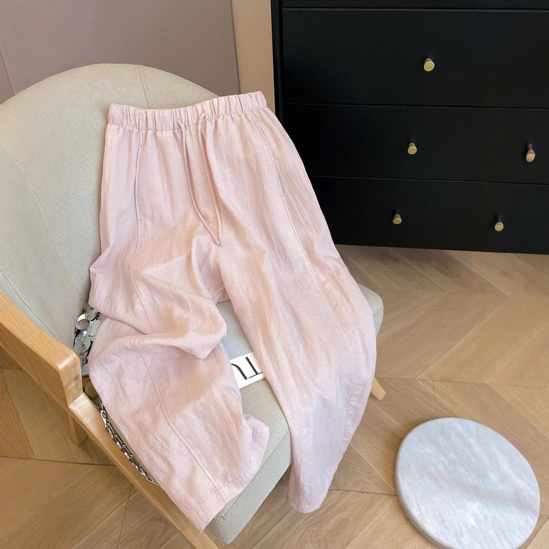 [Factory Ready Stock] Pink Tencel Linen Pants Women's Summer High-Waisted Pants Loose Wide-Leg Pants Sports Pants